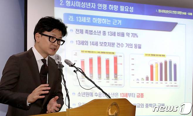 한동훈 법무부 장관이 26일 경기 과천시 정부과천청사 법무부 브리핑실에서 '소년범죄 종합대책'을 발표하고 있다. 한 장관은 브리핑을 통해 촉법소년 연령을 현행 14세에서 13세로 낮추는 내용을 골자로 하는 법 개정을 추진한다고 설명했다. 2022.10.26/뉴스1 ⓒ News1 장수영 기자