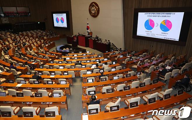 12일 오후 서울 여의도 국회에서 열린 제405회국회(임시회) 제3차 국회의원 선거제도 개선에 관한 결의안 심사를 위한 전원위원회. 2023.4.12/뉴스1 ⓒ News1 송원영 기자