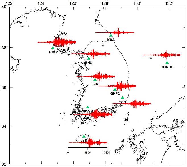 전국 광대역 관측소에서 관측된 튀르키예 지진. /한국지질자원연구원 제공