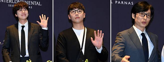 가수 규현, 가수 이홍기, 개그맨 유재석(왼쪽부터)이 지난 7일 가수 이승기의 결혼식에 참석한 모습. 한결같이 앞머리로 이마를 가렸다. /스포츠조선