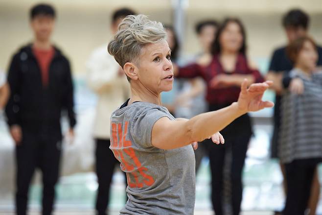 Associate choreographer Leah-Sue Morland participates in a rehearsal session for "Mamma Mia!" (Seensee Company)