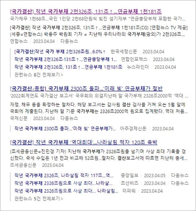 ▲ '국가부채' 관련 온라인 기사.