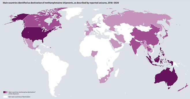 출처=UNODC 유엔마약범죄사무소 전세계 메스암페타민의 최종 도착지(소비지)를 표시한 것으로, 색이 진할 수록 많은 양이 들어간다고 보면 된다.