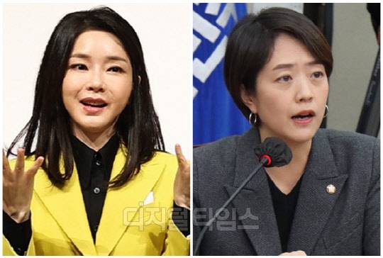 윤석열 대통령 부인 김건희 여사(왼쪽)와 고민정 더불어민주당 최고위원. <디지털타임스 DB, 대통령실 제공>