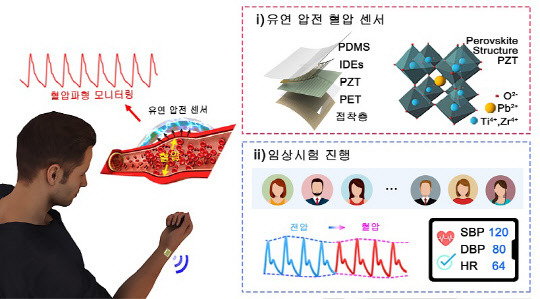 KAIST는 혈압을 정확하게 측정할 수 있는 '고민감 웨어버를 유연 압전 센서'를 개발했다. 사진은 웨어러블 유연 압전 혈압 센서 개념도.



KAIST 제공