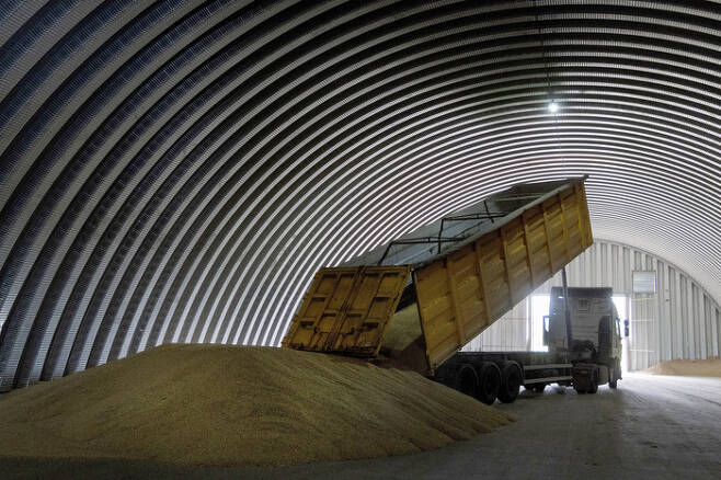 지난해 8월9일(현지시간) 우크라이나의 한 곡물 창고에서 트럭이 곡물을 내려놓고 있다. AP연합뉴스