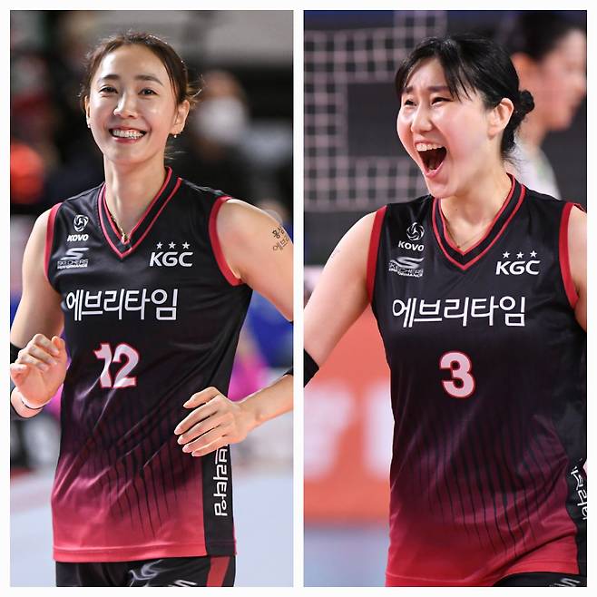 프로배구 여자부 KGC인삼공사의 한송이(왼쪽)와 염혜선. /한국배구연맹