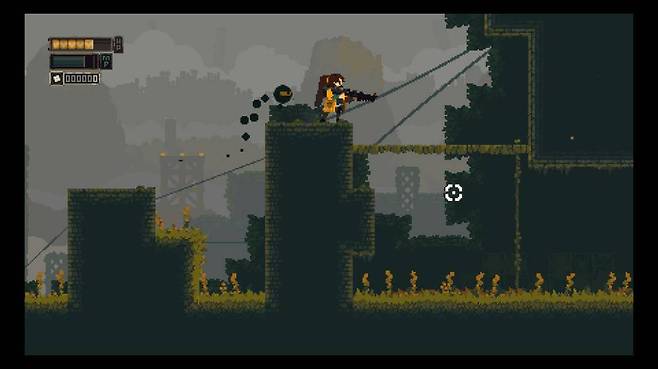 '러스티드 모스'의 게임 화면. 총을 든 주인공과 눈알, 그리고 조준점이 보인다