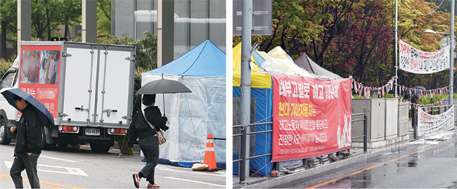 장기 편법 시위 몸살 대기업 사옥 앞에서 벌어지는 집회와 시위로 기업, 보행자, 인근 주민들이 극심한 피해를 호소하고 있다. 18일 오전 서울 서초구 삼성전자 사옥 앞에 시위용 트럭과 천막이 세워져 있다(왼쪽). 같은 시간 서울 서초구 현대자동차그룹 사옥 앞에는 현대자동차 측에 복직을 요구하며 농성 중인 천막과 현수막이 설치돼 있다(오른쪽).  박윤슬 기자