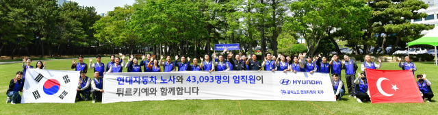 모금에 동참한 임직원 4만 3000여명을 대표해 울산공장 임직원 50여명이 본관 앞 잔디밭에서 튀르키예 지진피해 이재민을 위한 화이팅을 외치고 있다. 사진제공=현대자동차