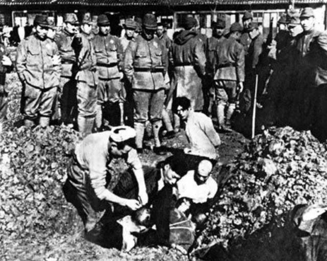▲ 일본군이 지켜보는 가운데 생매장 당하는 난징 시민들. 