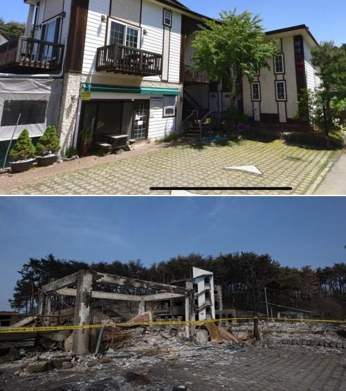 산불이 발생하기 약 2년 전인 2021년 5월 지도 앱에 기록된 저동 펜션단지(위)와 지난 19일에 촬영한 모습을 비교했다. 네이버 거리뷰·강릉=하상윤 기자