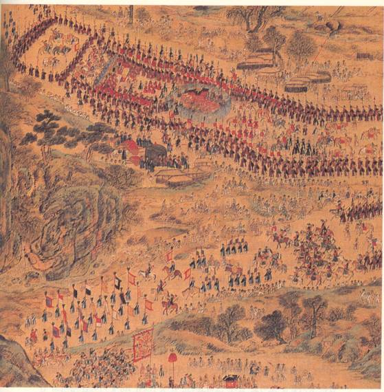 김홍도가 그린 ‘화성행행도’ 8폭 중 하나. 정조가 1795년 2월 어머니 혜경궁 홍씨를 모시고 부친인 사도세자의 묘소가 있는 화성의 현륭원을 행행(行幸·왕의 궁궐 밖 거동)했을 때를 표현했다. 구경나온 사람들의 분위기가 자유로워 보인다. 정조는 행행할 때 민원을 접수했다. [사진 국립고궁박물관]