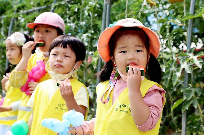 21일 경남 의령읍 서동생활공원 토요애수박축제장에서 의령어린이집 원생들이 시식코너에서 수박을 먹고 있다. 의령군 제공