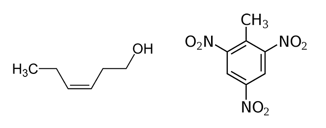 ‘시스-3-헥센올’(왼쪽)와 트라이니트로톨루엔 분자 구조. 출처=위키피디아