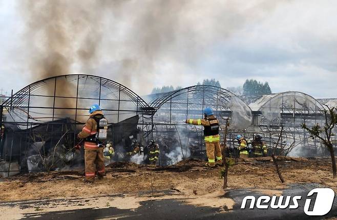 소방대원들이 수원 권선구 소재 비닐하우스 화재 진화작업을 벌이고 있다.  경기소방재난본부 제공