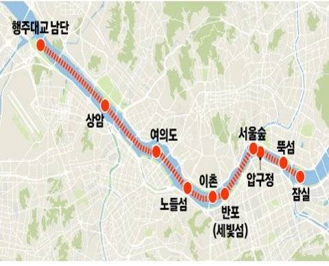 한강 리버버스 노선과 선착장 예시. [자료 한국교통대학교]