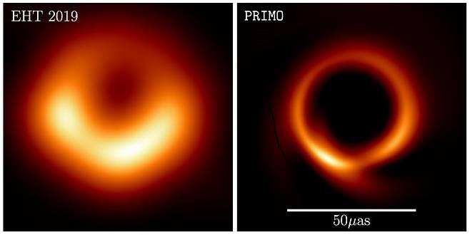 2019년 EHT 협력으로 원래 촬영된 M87 초대질량 블랙홀(왼쪽); 동일한 데이터 세트를 사용하여 PRIMO 알고리즘에 의해 생성된 새로운 이미지(오른쪽) /Medeiros et al. 2023