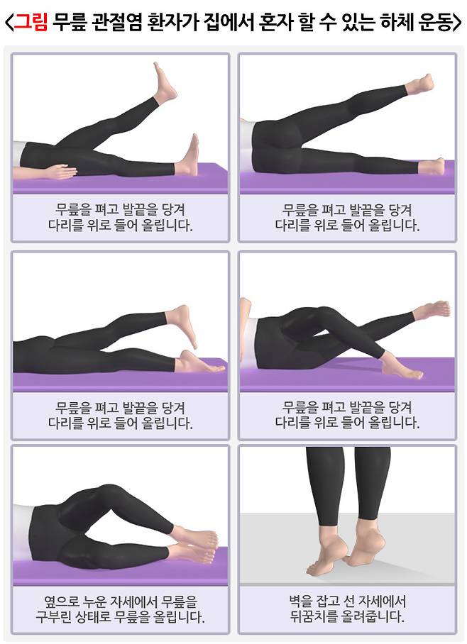 무릎 관절염 환자가 집에서 혼자 할 수 있는 하체운동2 [자료=질병관리청 국가건강정보포털 (https://health.kdca.go.kr/healthinfo/biz/health/gnrlzHealthInfo/gnrlzHealthInfo/gnrlzHealthInfoView.do?cntnts_sn=5969)]