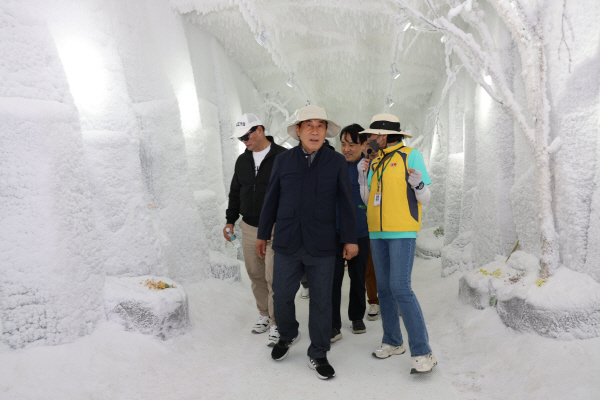 순천만 국가정원의 북극 체험 얼음굴 현장을 시 벤치마킹단이 지나가고 있다. 김성룡 기자