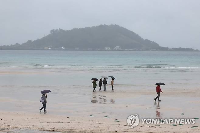 비 내리는 제주 바닷가 (제주=연합뉴스) 박지호 기자 = 비가 내린 25일 오전 제주시 한림읍 협재해수욕장을 찾은 관광객이 바다 정취를 만끽하고 있다. 2023.4.25 jihopark@yna.co.kr