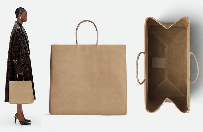 명품 브랜드 보테가베네타의 300만원대 '브라운백' 실착 사진(왼쪽)과 상세사진. [보테가베네타]