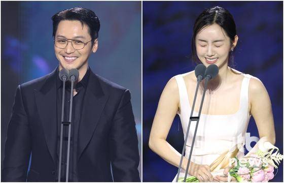 '한산: 용의 출현' 변요한과 '육사오' 박세완이 28일 오후 인천 중구 운서동 파라다이스시티에서 열린 '제59회 백상예술대상'에서 영화부문 남녀조연상을 수상했다. 특별취재반 / 2023.04.28/