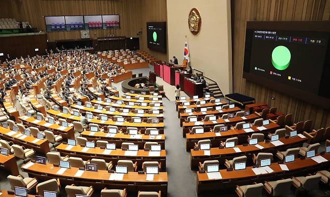 지난달 27일 오후 서울 여의도 국회에서 열린 제405회 국회(임시회) 제5차 본회의에서 간호법안(대안)에 대한 수정안이 재석 181인, 찬성 179인, 반대 0인, 기권 2인으로 통과되고 있다. /뉴스1