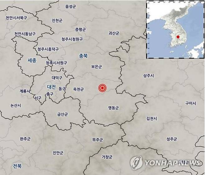 기상청 "충북 옥천 동쪽서 규모 3.1 지진 발생" (서울=연합뉴스) 기상청은 30일 오후 7시 3분 29초 충북 옥천군 동쪽 16km 지역에서 규모 3.1의 지진이 발생했다고 밝혔다.
    진앙은 북위 36.32도, 동경 127.75도이며 지진 발생 깊이는 6km이다. 2023.4.30 [기상청 제공. 재판매 및 DB금지] photo@yna.co.kr