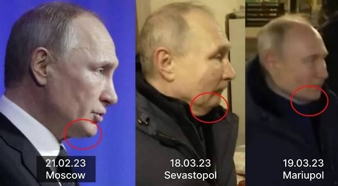 블라디미르 푸틴 러시아 대통령의 시기별 모습. 턱 선 등 외형이 다른 점을 들어 '대역'을 썼다는 주장이 나온다. / 사진 = 트위터