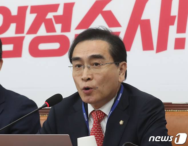 태영호 국민의힘 최고위원이 24일 오전 서울 여의도 국회에서 열린 최고위원회의에서 발언하고 있다. 2023.4.24/뉴스1 ⓒ News1 송원영 기자