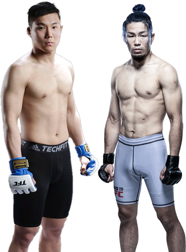 김상원(왼쪽)이 사스 게이스케와 2023 Road to UFC 페더급 8강전을 치른다. 사진=TFC/UFC 프로필