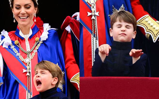 6일(현지시각) 찰스 3세 영국 국왕 대관식 중 공중분열식에서 전투기와 헬리콥터들이 하늘을 날아가는 장면을 본 루이 왕자가 소리를 지르며 환호하는 등 다양한 표정을 짓고 있다. /AFP, 로이터 연합뉴스