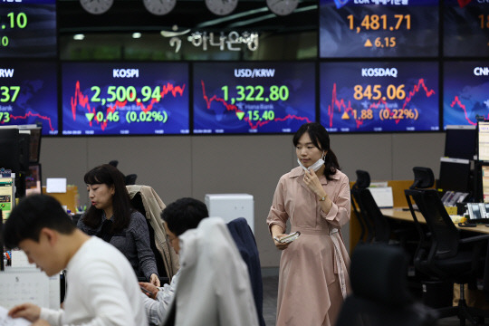 4일 오후 서울 중구 하나은행 본점 딜링룸에서 딜러들이 업무를 보고 있다. 연합뉴스 제공.