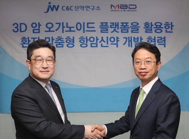 박찬희 C&C신약연구소 대표이사(사진 왼쪽)와 구보성 엠비디 대표이사가 MOU 체결 후 기념촬영을 하고 있다. ⓒJW중외제약