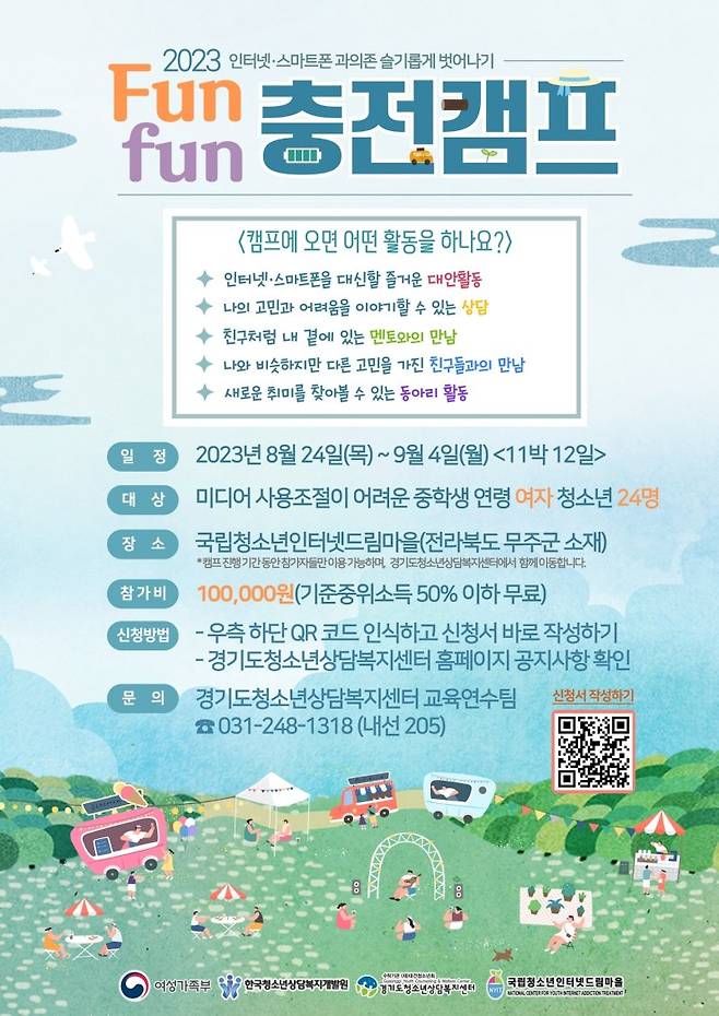 경기도가 5월8일~7월14일 만 14~16세 여성청소년을 대상으로 ‘펀 펀(Fun fun) 충전캠프’ 희망 참가자를 모집한다.