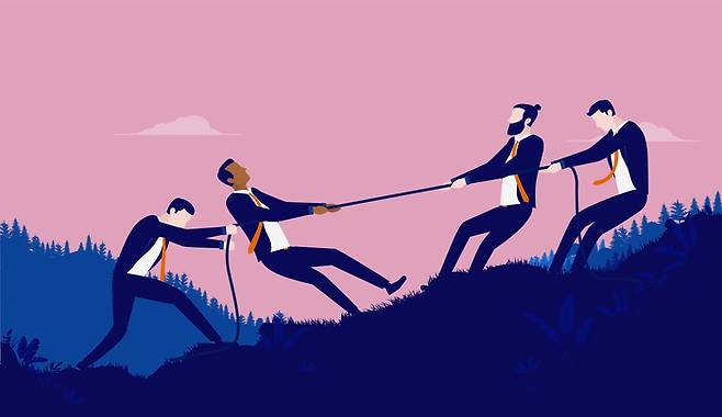 Businessmen in tug-of-war game outdoors, vector illustration