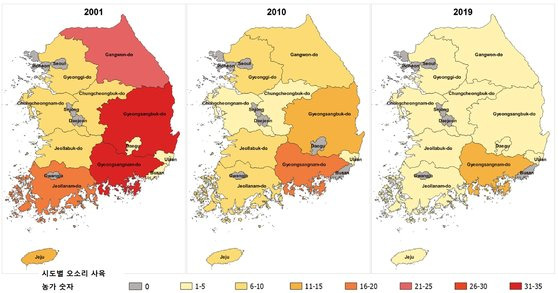 시도별 오소리 사육농가 숫자의 연도별 변화 추세. [자료: Journal of Asia-Pacific Biodiversity, 2023. 농림축산식품부 자료 인용]