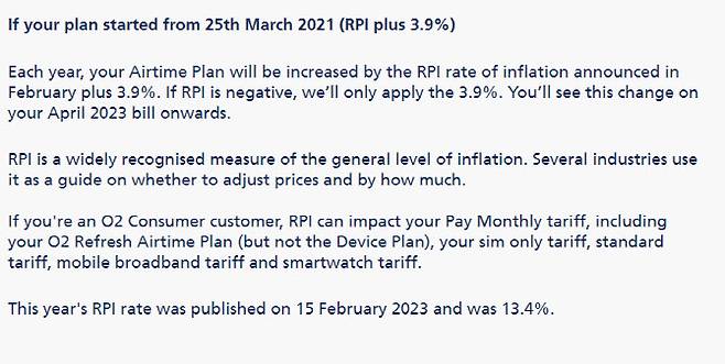 영국 통신사업자 O2의 요금인상 관련 홈페이지 안내문 중 일부. 매년 4월 물가지표(RPI)에 따라 요금인상이 가능하다는 내용을 담고 있다. 출처=O2 홈페이지