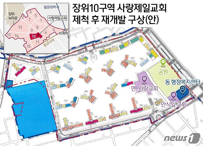 장위10구역 재개발조합은 단지 북동쪽(공원 위 ) 약 785평 규모로 대토부지를 조성하려던 계획도 원점으로 돌리고, 사랑제일교회를 원래 자리에 그대로 둔 채 단지를 조성한다는 계획이다. ⓒ News1 양혜림 디자이너