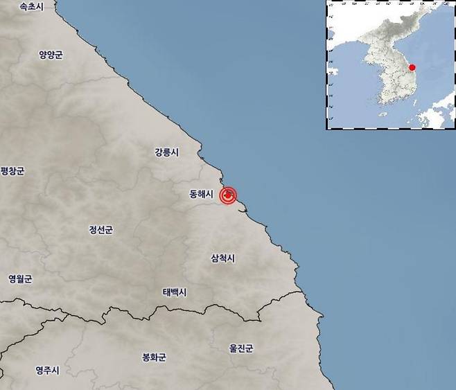 The image provided by the Korea Meteorological Administration shows the epicenter of a 2.5 magnitude earthquake that struck near Donghae, Gangwon Province, early Wednesday. (Korea Meteorological Administration)