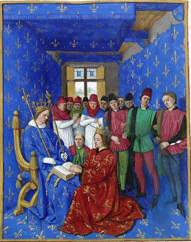 “나도 한 나라의 왕인데...분하다.” 1286년 프랑스의 필립 4세(왼쪽 파란 옷)가 잉글랜드 왕 에드워드1세로부터 오마쥬를 받는 모습.