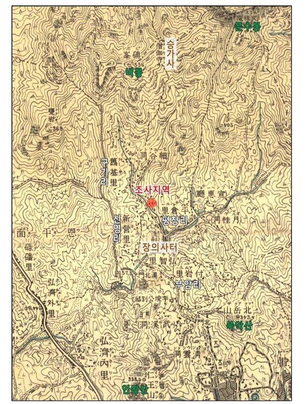 발굴 조사 현장을 표시한 지도  1915년 일제강점기 지형도에 유물과 유구가 출토된 현장과 승가사, 장의사터 등을 표시한 것 [수도문물연구원 제공. 재판매 및 DB 금지]