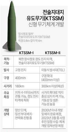 유사시 북한 장사정포 갱도 진지를 타격할 전술지대지유도무기(KTSSM)의 성능을 높인 신형 무기체계 개발이 본격화한다. 12일 방위사업청에 따르면 군은 이르면 내달 KTSSM-Ⅱ의 체계개발기본계획을 수립해 사업 추진 일정을 정한 뒤 체계개발 업체를 선정할 방침이다. 그래픽=연합뉴스