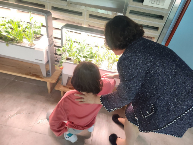 전은경 교장이 우리밀 식물 재배기에서 아이와 함께 딸기와 밀을 관찰하고 있다. 곡수초교 제공