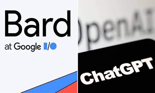 바드(왼쪽),&nbsp;챗GPT.&nbsp;구글 블로그 캡처·로이터연합뉴스