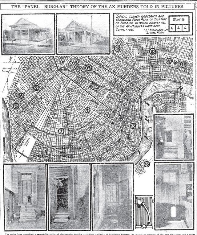 1918년부터 1919년까지 6명을 죽이고 12명을 다치게 한 '도끼맨'의 범행 장소를 표시한 당시 지역 언론의 보도. 타임스피카윤 캡처