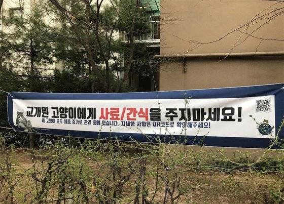 먹이를 주지 말라는 내용의 플래카드. 한국외대 교내 고양이들을 관리하는 ‘냥만외대’가 걸어놓았지만 먹이를 주는 외부인이 아직 있어 마찰을 빚고 있다. / 사진:독자