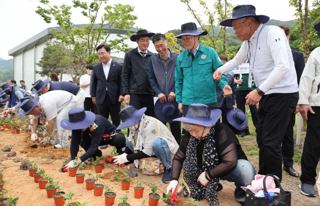 12일 오전 경남 하동군 화개면에서 박완수 경남지사와 이상철 재일도민회 향토식수단, 재경·재부도민회원이 향토기념식수를 하고 있다. 경남도 제공