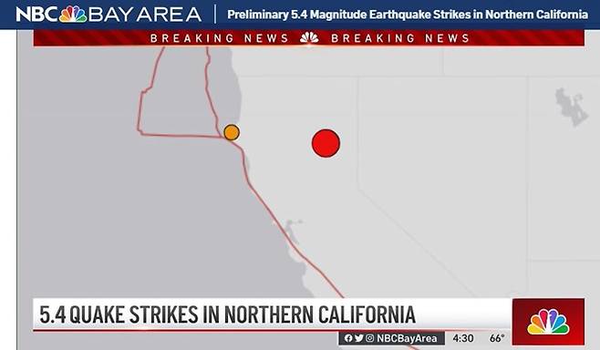 미국 캘리포니아주에서 지난 11일(현지시각) 규모 5.4의 지진이 발생했다. 사진은 지진 발생 지역 위치. /사진=미국 방송매체 NBC 공식 홈페이지 캡처